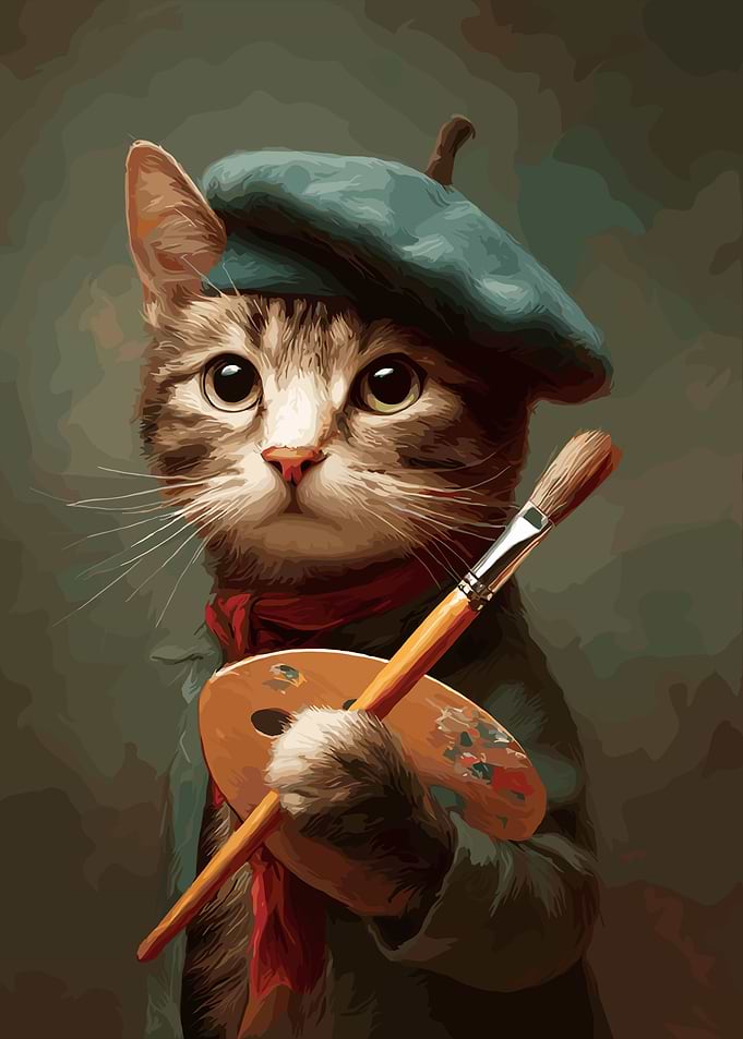Cat Artist with Palette and Brush