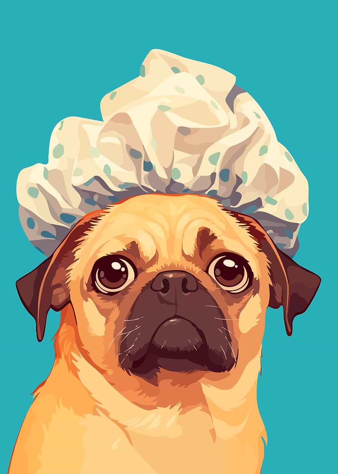 Funny Pug with Shower Cap Cute Illustration Art