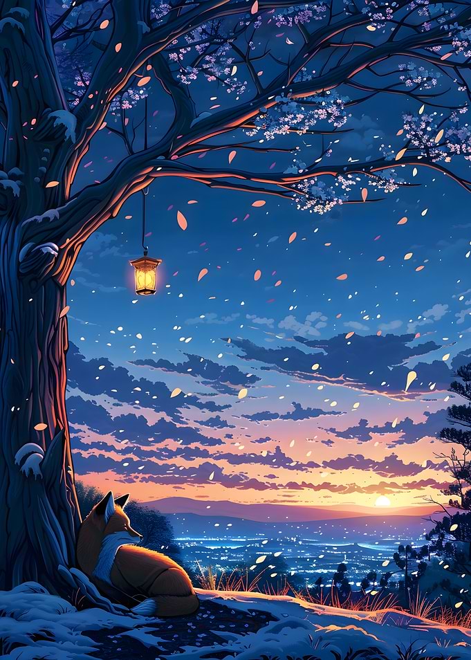 Fox under a blossom tree at sunset
