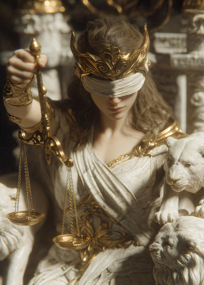 Lady Justice with Scales and Lions
