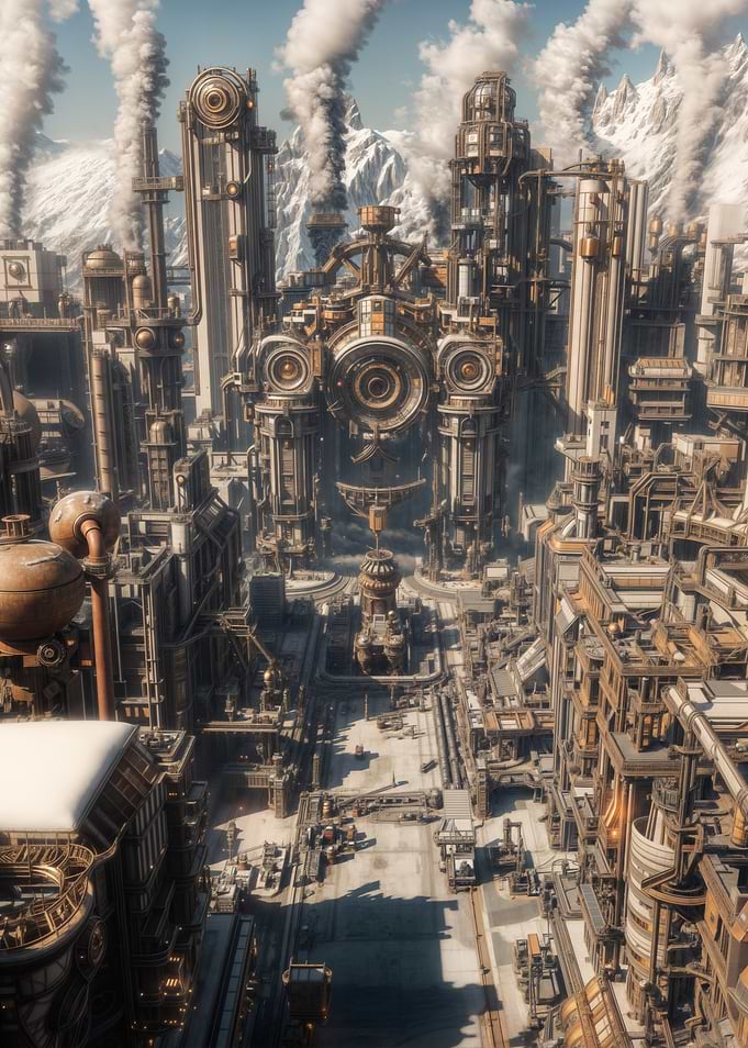 Steampunk Industrial Cityscape with Snowy Mountains