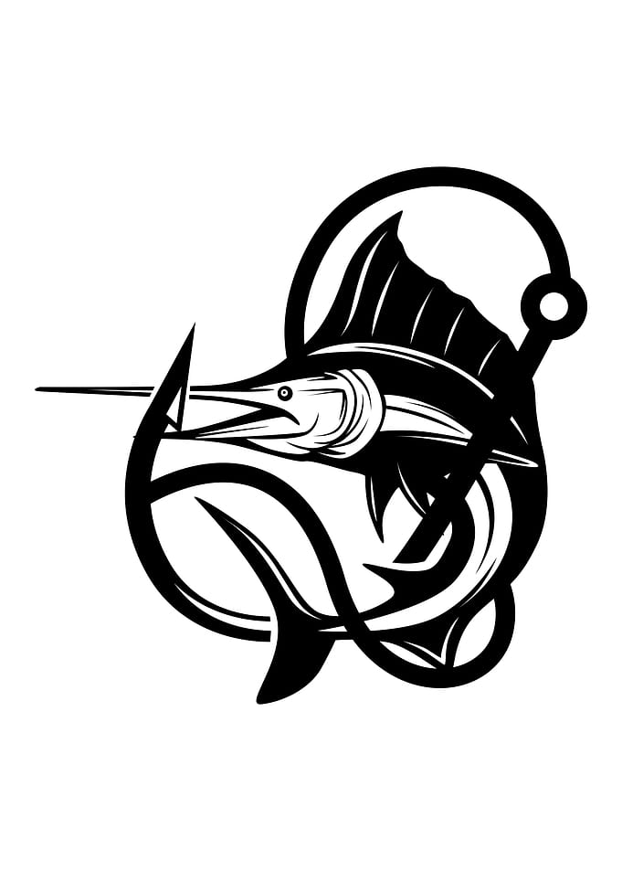 Marlin and Fishing Hook Black Silhouette