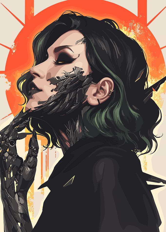 Cyberpunk Woman Portrait with Robotic Arm