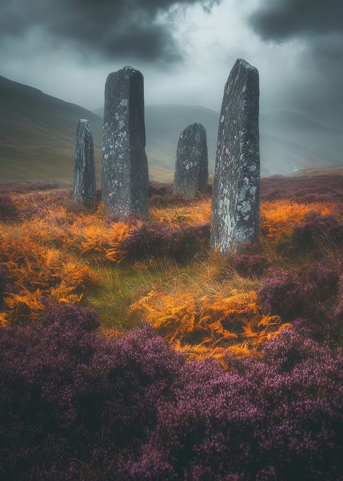Standing Stones in Misty Landscape