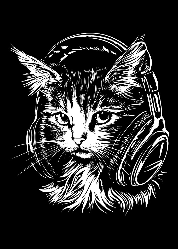 Cat with Headphones Black and White