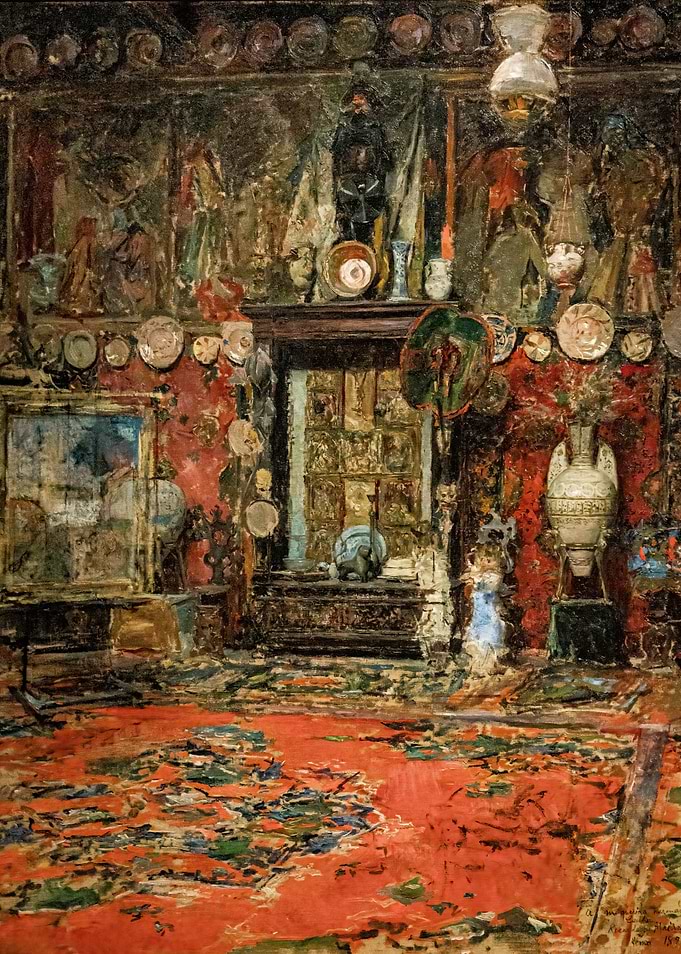 Cluttered Interior Painting with Red Rug