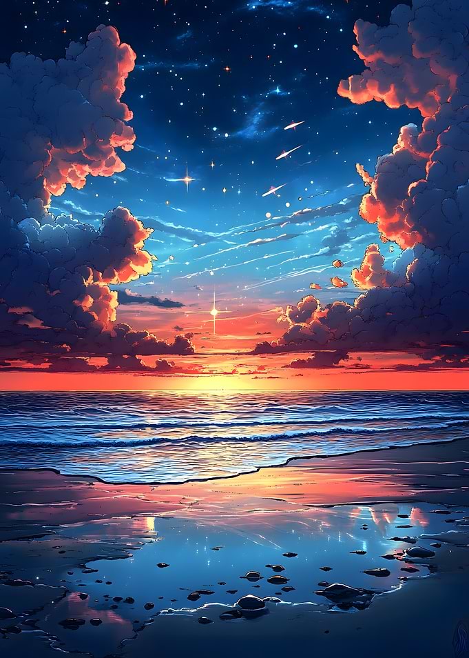 Ocean Sunset with Starry Sky