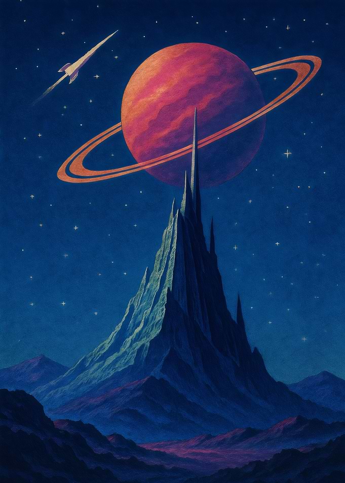 Ringed Planet & Space Spire – Retro Sci-Fi Illustration