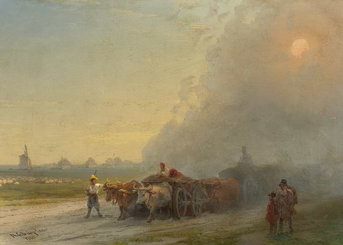 Ox-drawn cart in a rural landscape