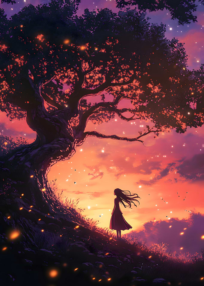 Silhouette under a magical tree