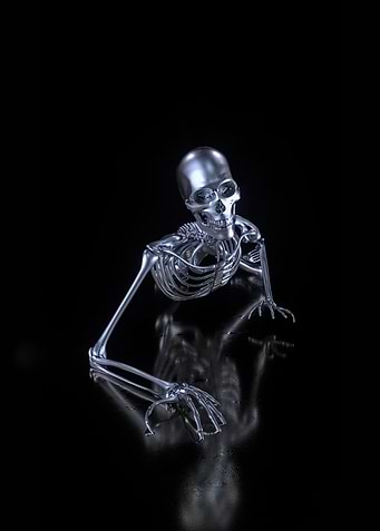 Metallic Skeleton on Black Reflective Surface
