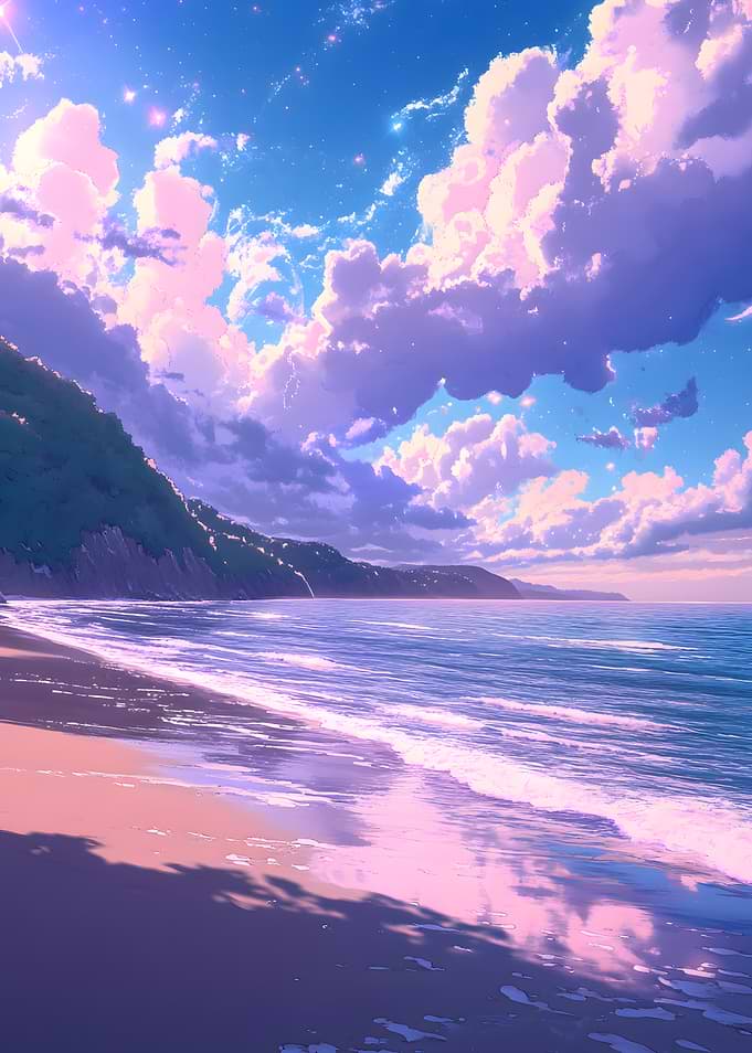 Pastel Beach Landscape with Clouds