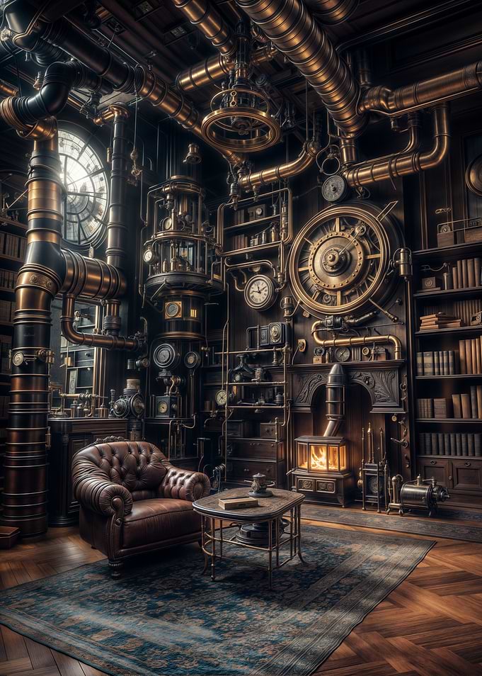 Steampunk Library Interior with Armchair