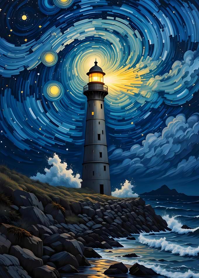 Lighthouse under a swirling starry sky