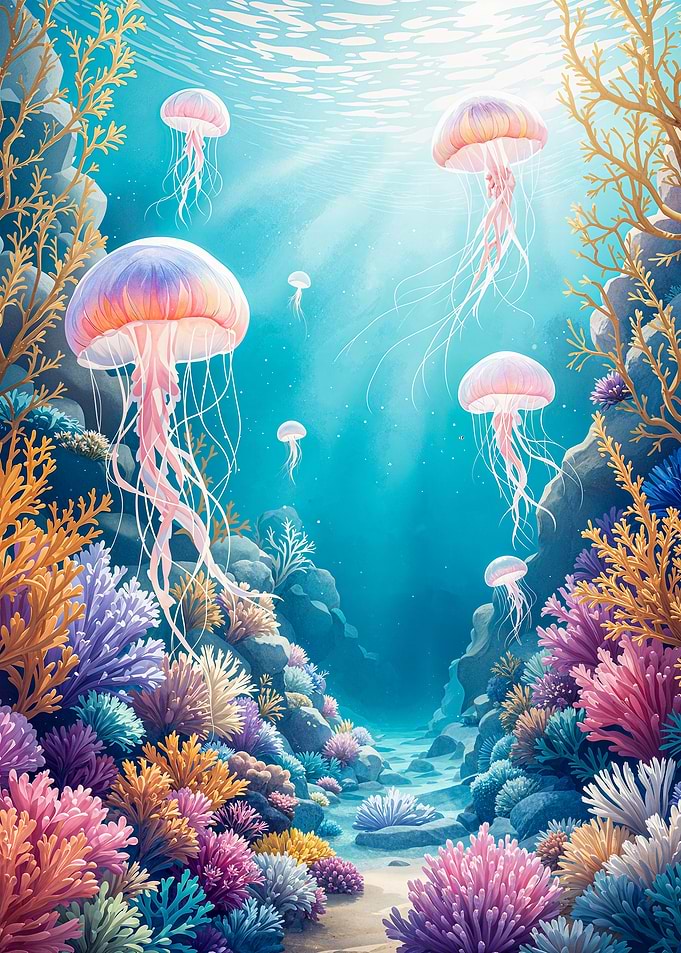Jellyfish Swimming Over Coral Underwater Scene Marine Life