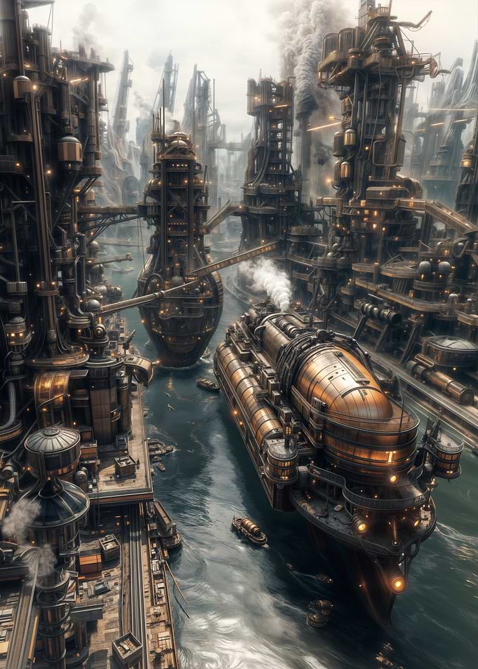 Steampunk Industrial Cityscape with Ships