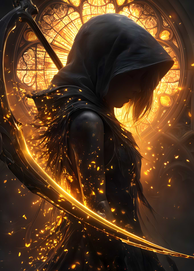 Hooded Figure with Scythe and Golden Light