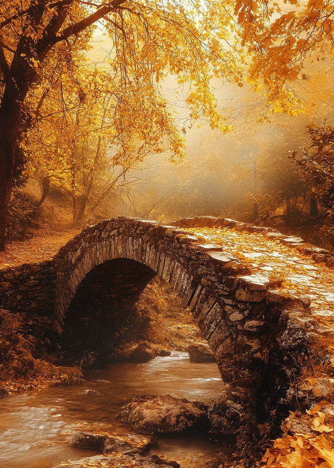 Autumn Stone Bridge Over Stream