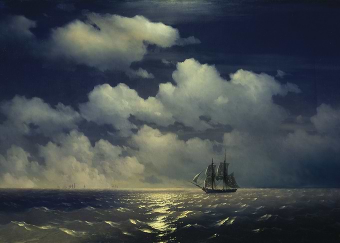Ship at Sea Under Cloudy Sky