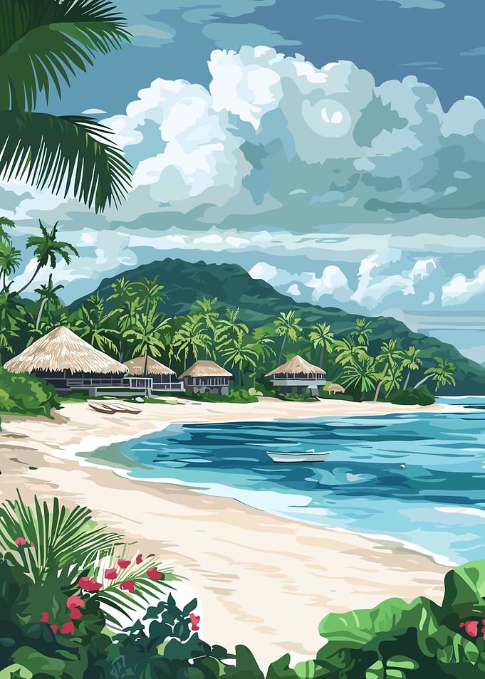 Tropical Beach with Thatched Roof Huts