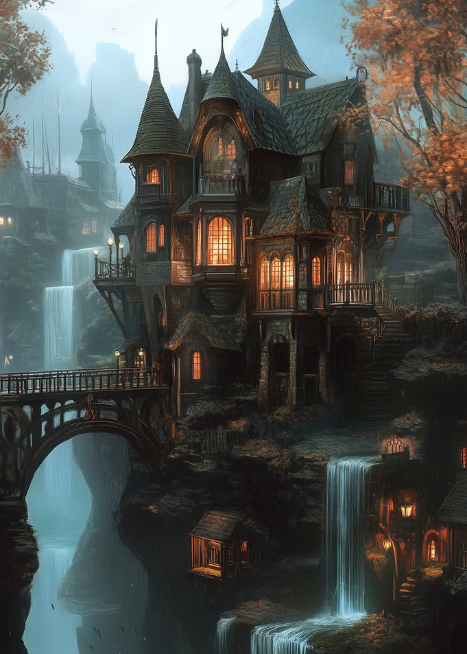Fantasy Village with Waterfalls and Castle