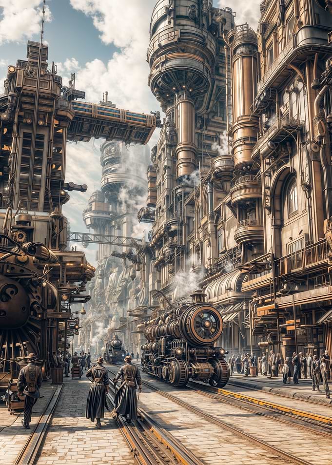 Steampunk Cityscape with Trains and People