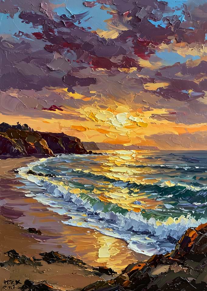 Impressionistic Seascape Painting at Sunset