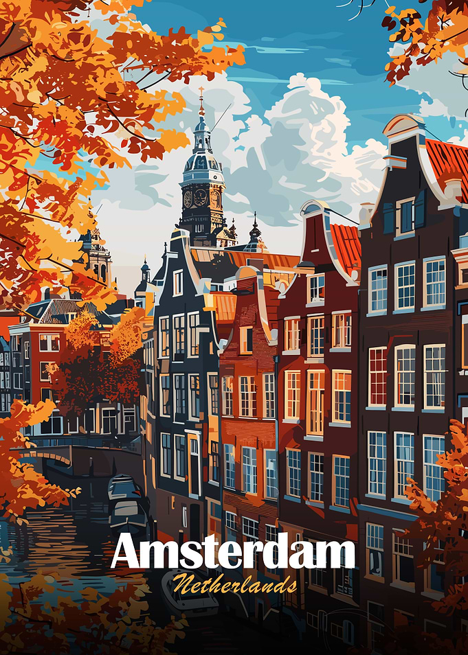 Amsterdam Netherlands Autumn Cityscape Illustration