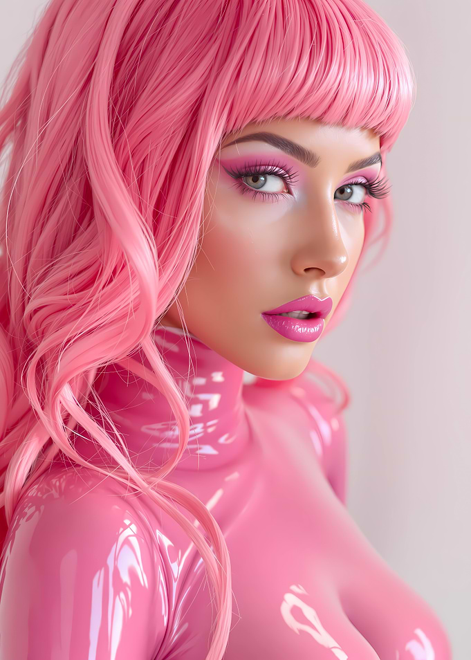 Beauty Alluring Pink Haired Woman in Latex Outfit
