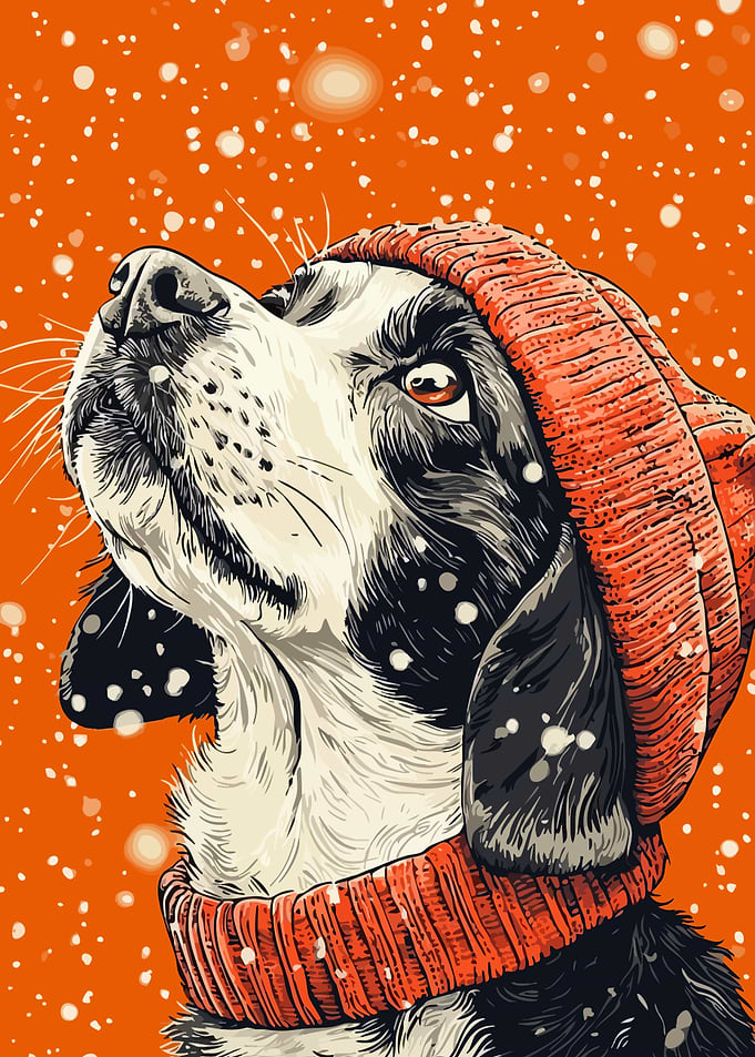 Adorable Winter Dog in Winter Hat Minimalist Art Illustration