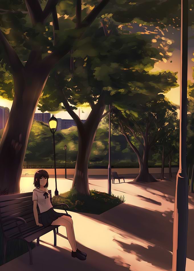 Girl on bench in park illustration