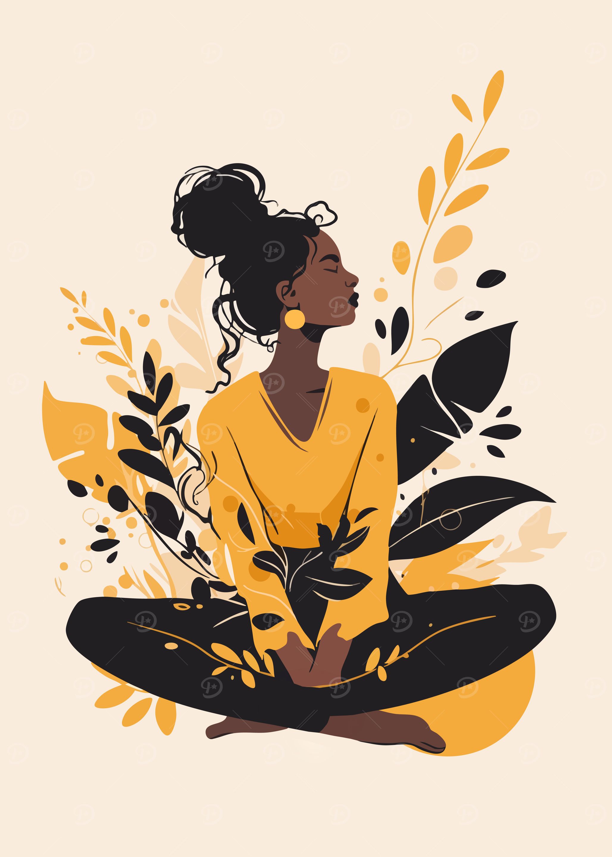 Meditative Woman in Floral Background Autumn Boho Minimalist Art Illustration