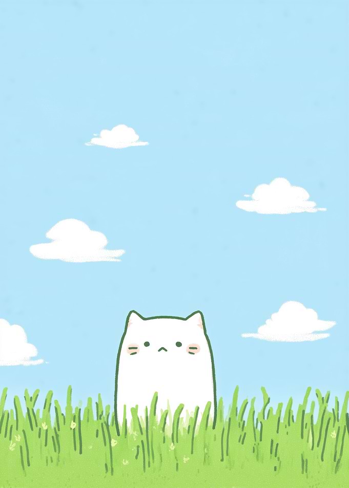 Cute White Cat in Grassy Field
