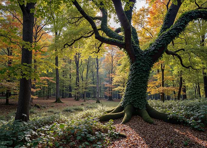 Autumn Forest with Ivy-Covered Tree