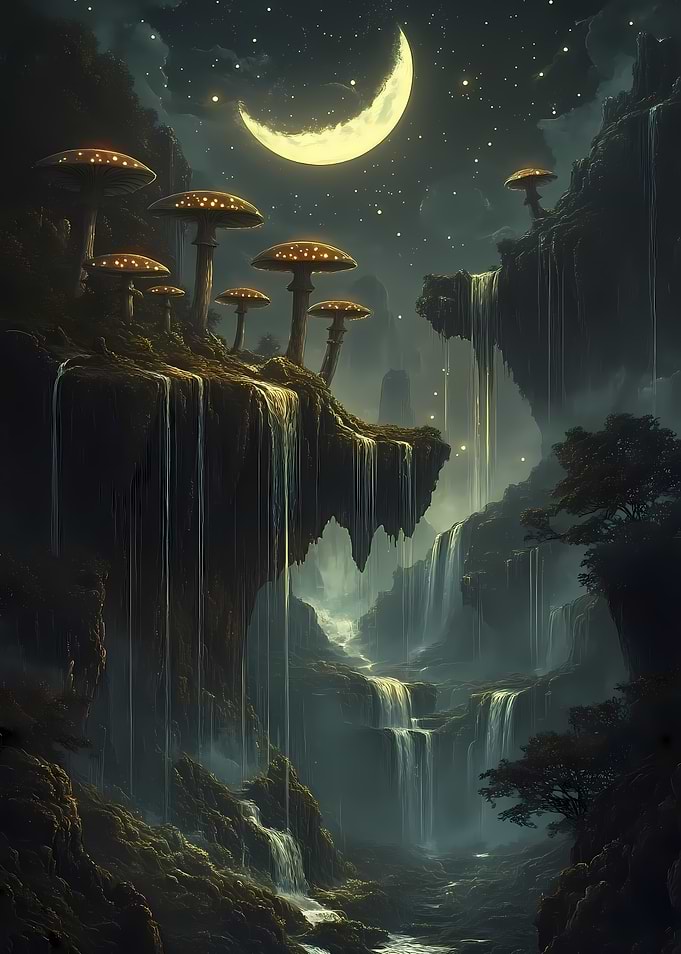 Glowing Mushrooms Forest and Waterfalls Under a Crescent Moon