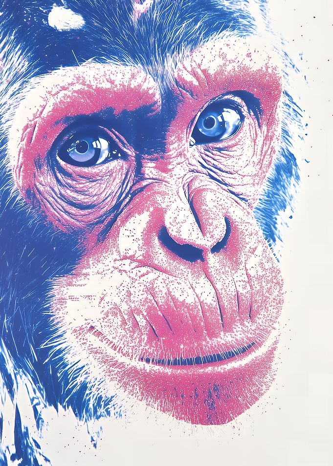 Chimpanzee Portrait in Blue and Pink