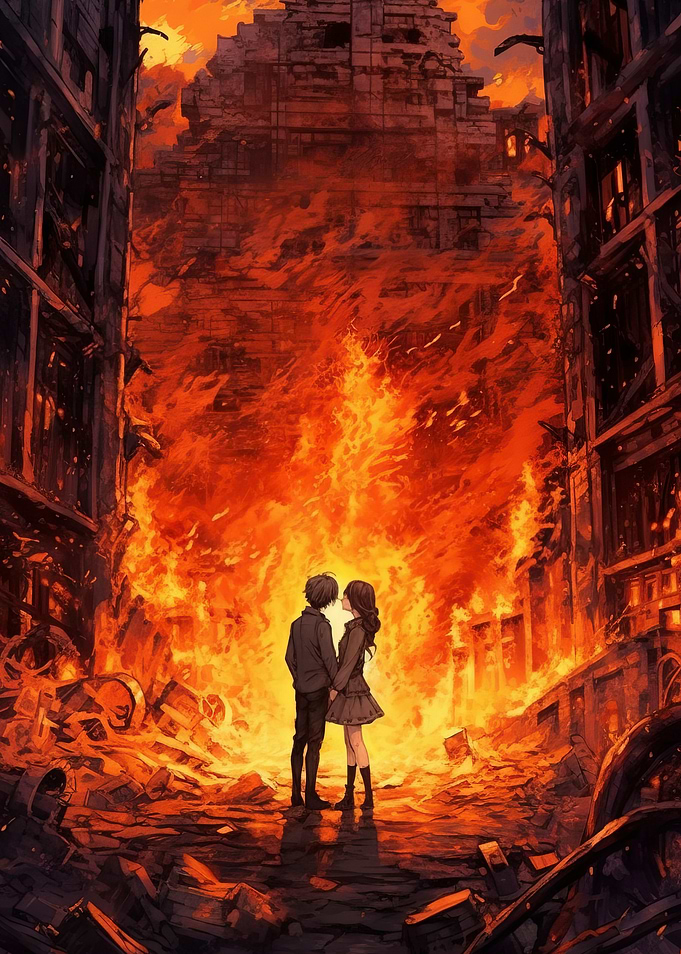 Couple in Burning Cityscape