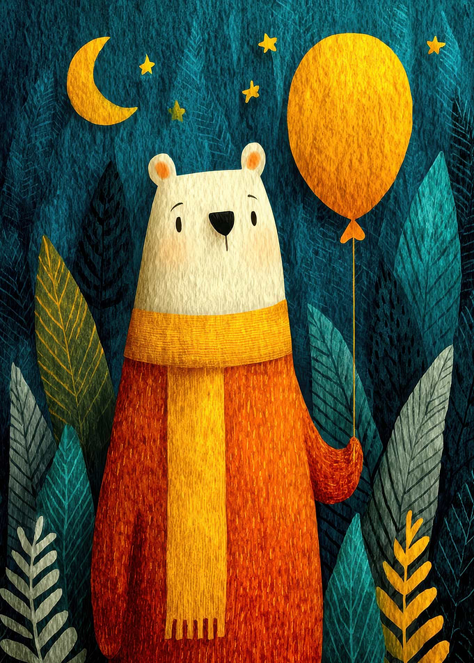 Bear with Balloon in Forest Night