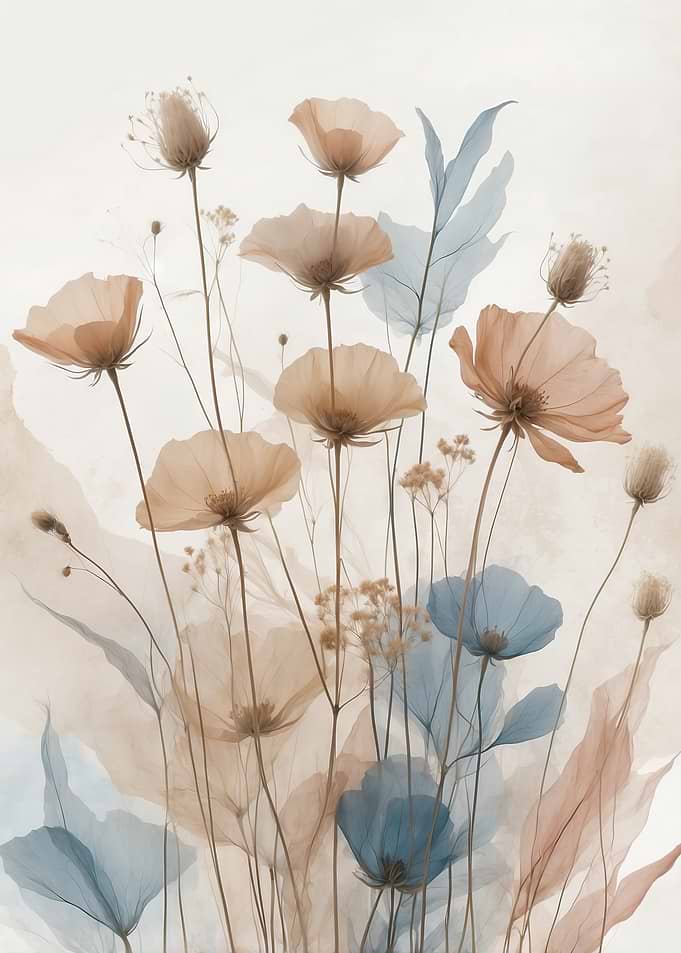 Floral Watercolor Painting with Blue Accents