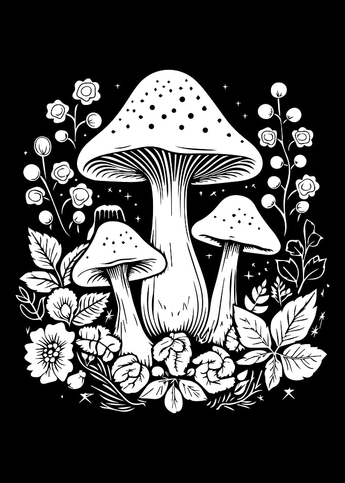Mushroom and Floral Black and White