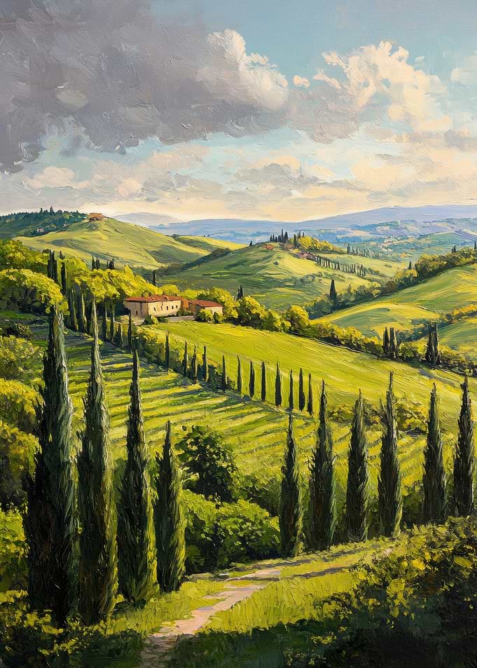 Tuscan Landscape Painting with Cypress Trees