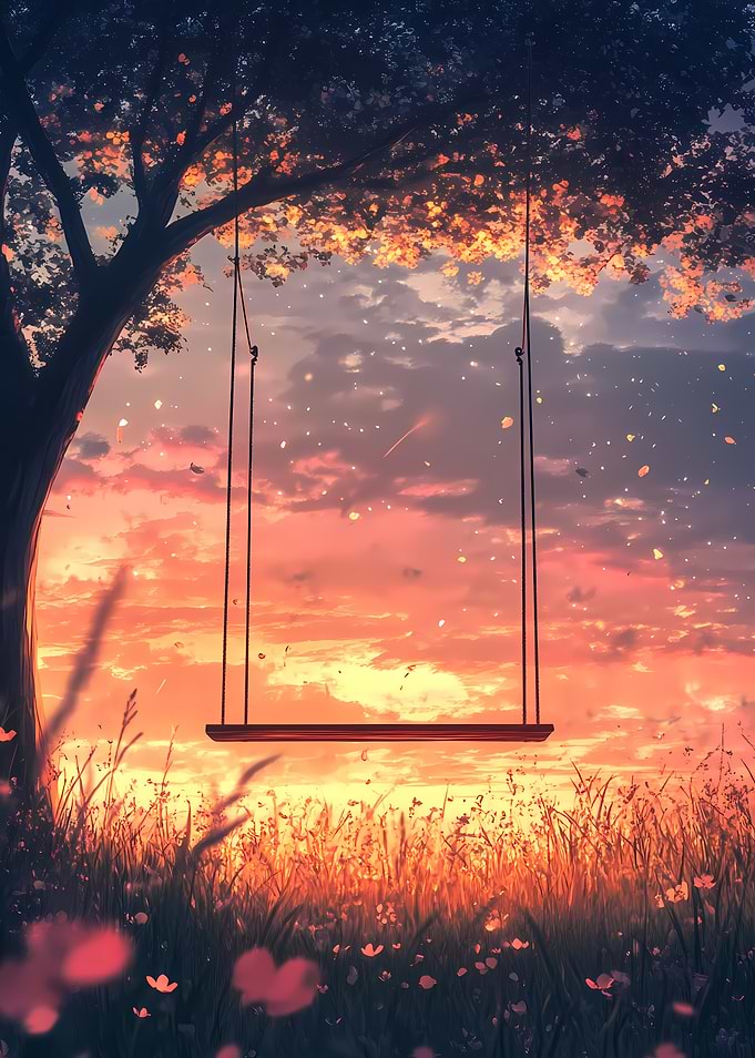 Swing Under a Tree at Sunset in a Peaceful Landscape