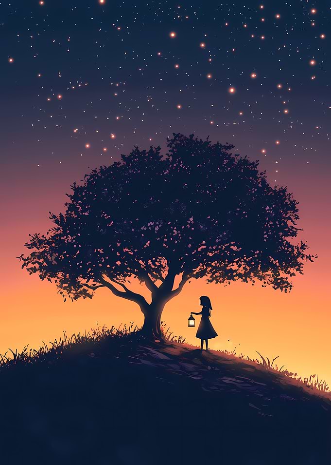 Girl with lantern under starry sky