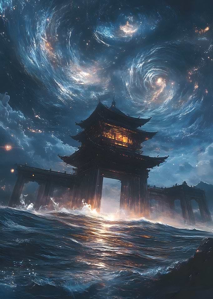 Japanese Temple on the Ocean Under a Starry Sky