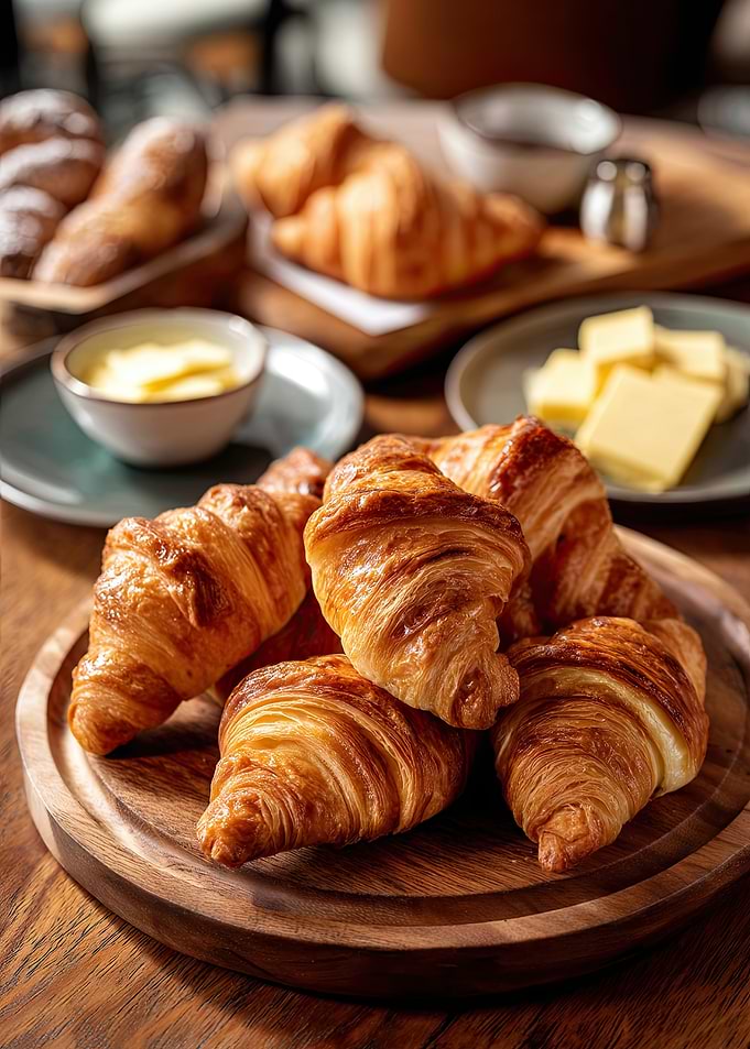 Golden Croissants on Wooden Board