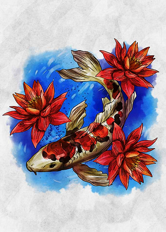 Koi Fish and Lotus Flowers Art
