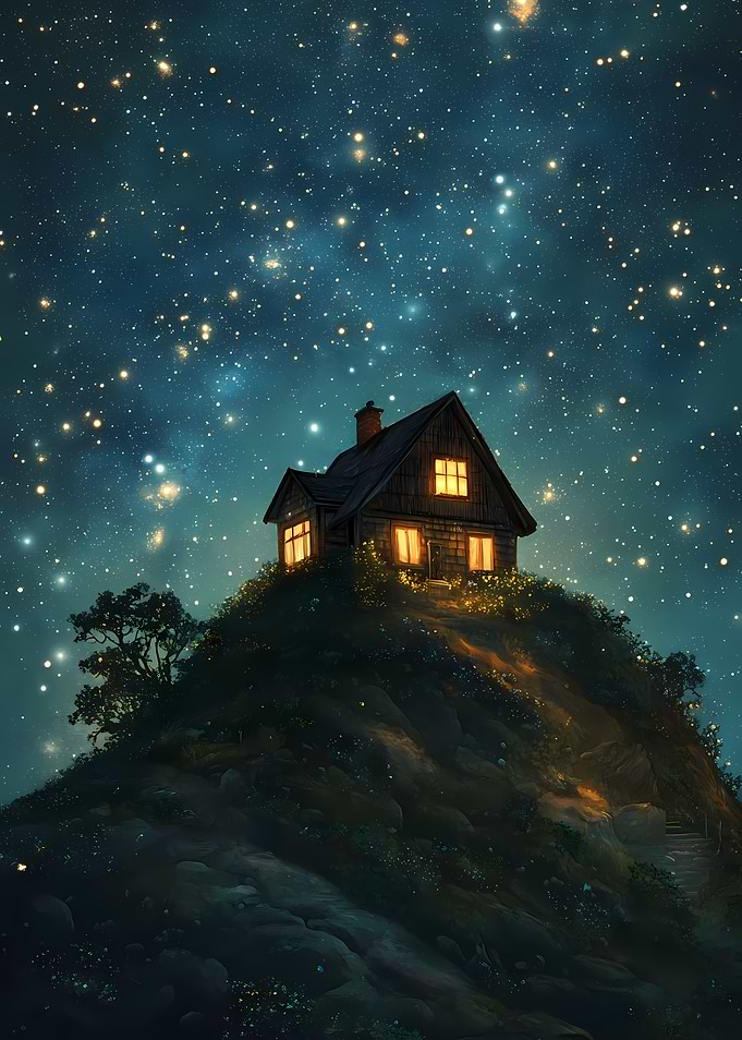 Cozy Wooden House on a Hill Under a Starry Night Sky