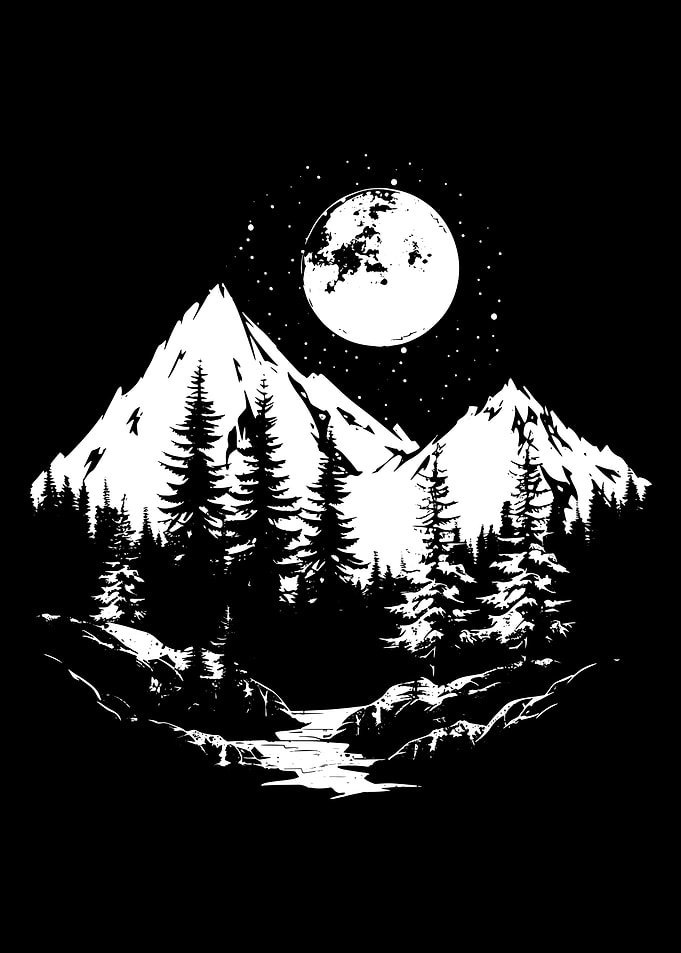 Monochrome Mountain Landscape with Moon
