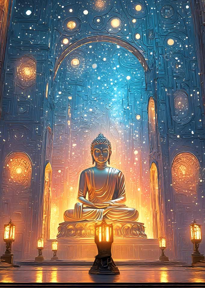 Buddha Statue in Temple with Lights