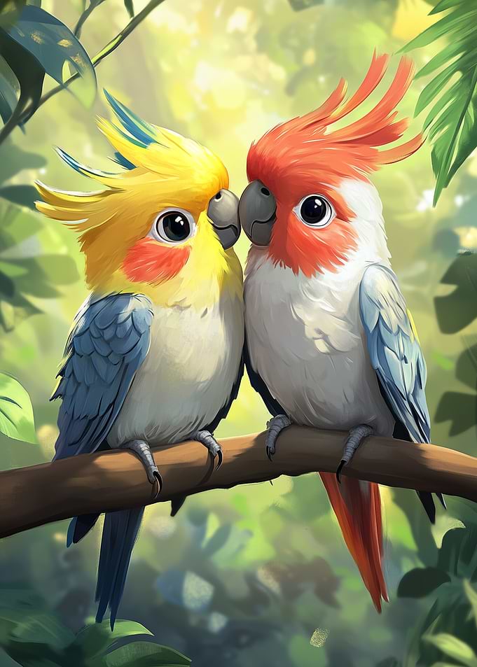 Two Cute Cartoon Parrots on Branch